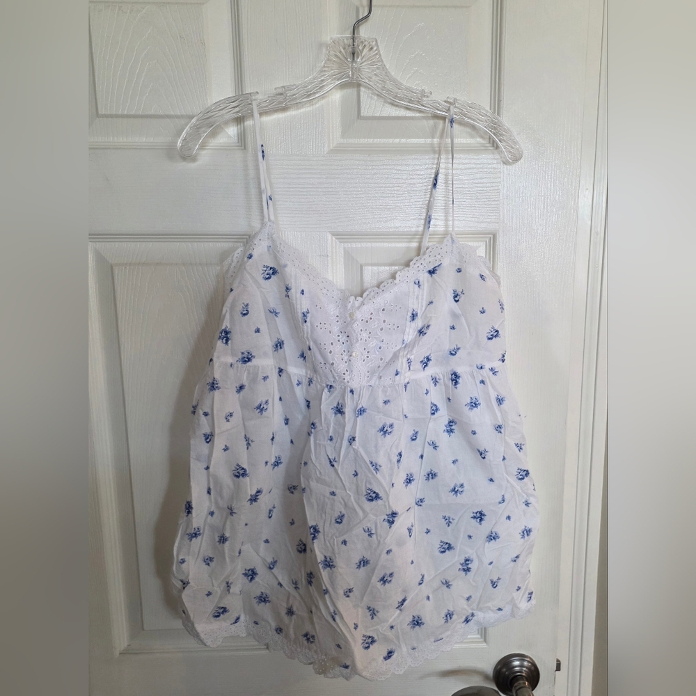 Vintage Victoria’s Secret Babydoll Teddy Cami White Blue Floral Size Medium